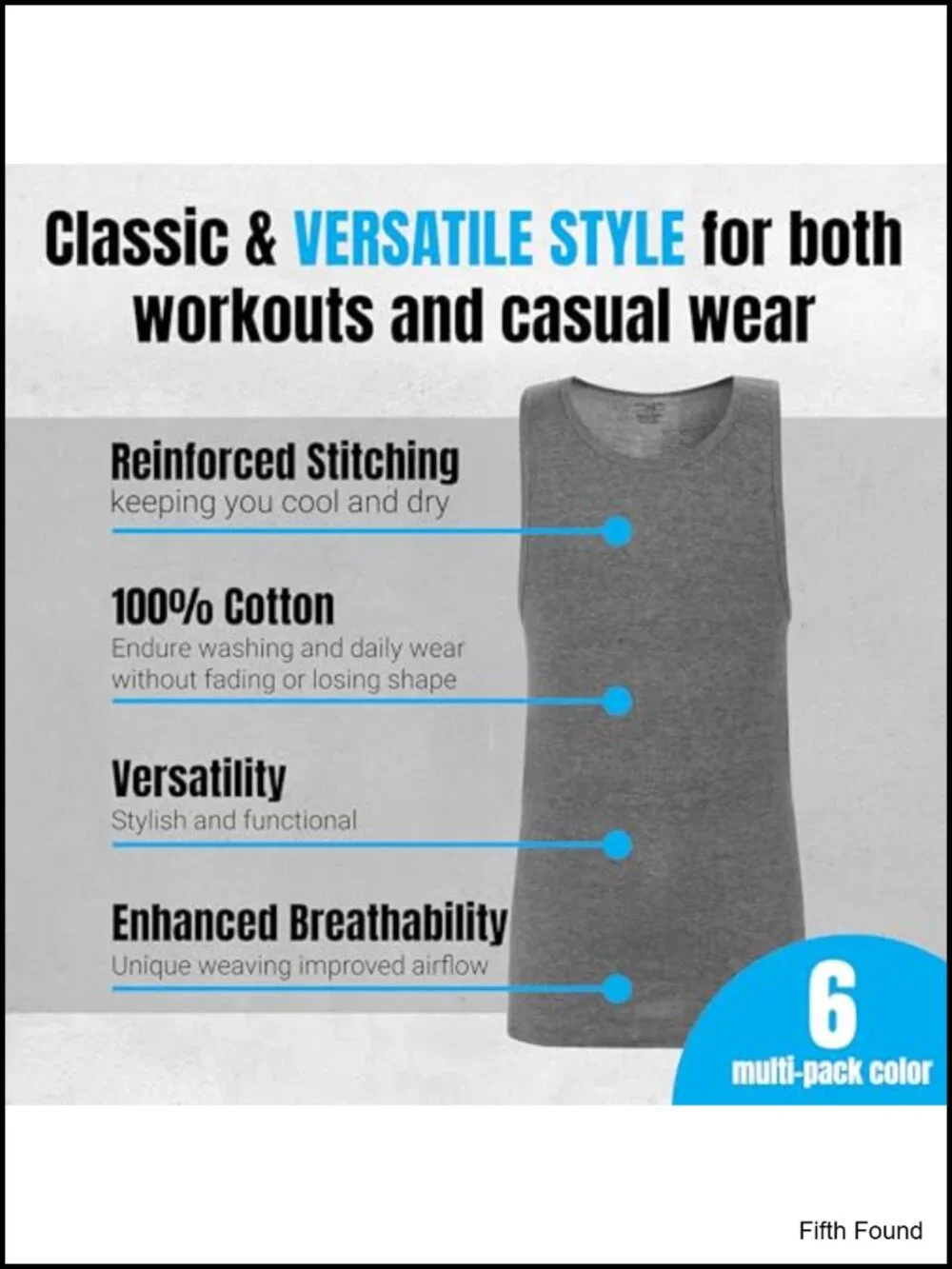 Men's Athletic Fit Cotton Tank Tops 6 Pack Sleeveless Undershirts